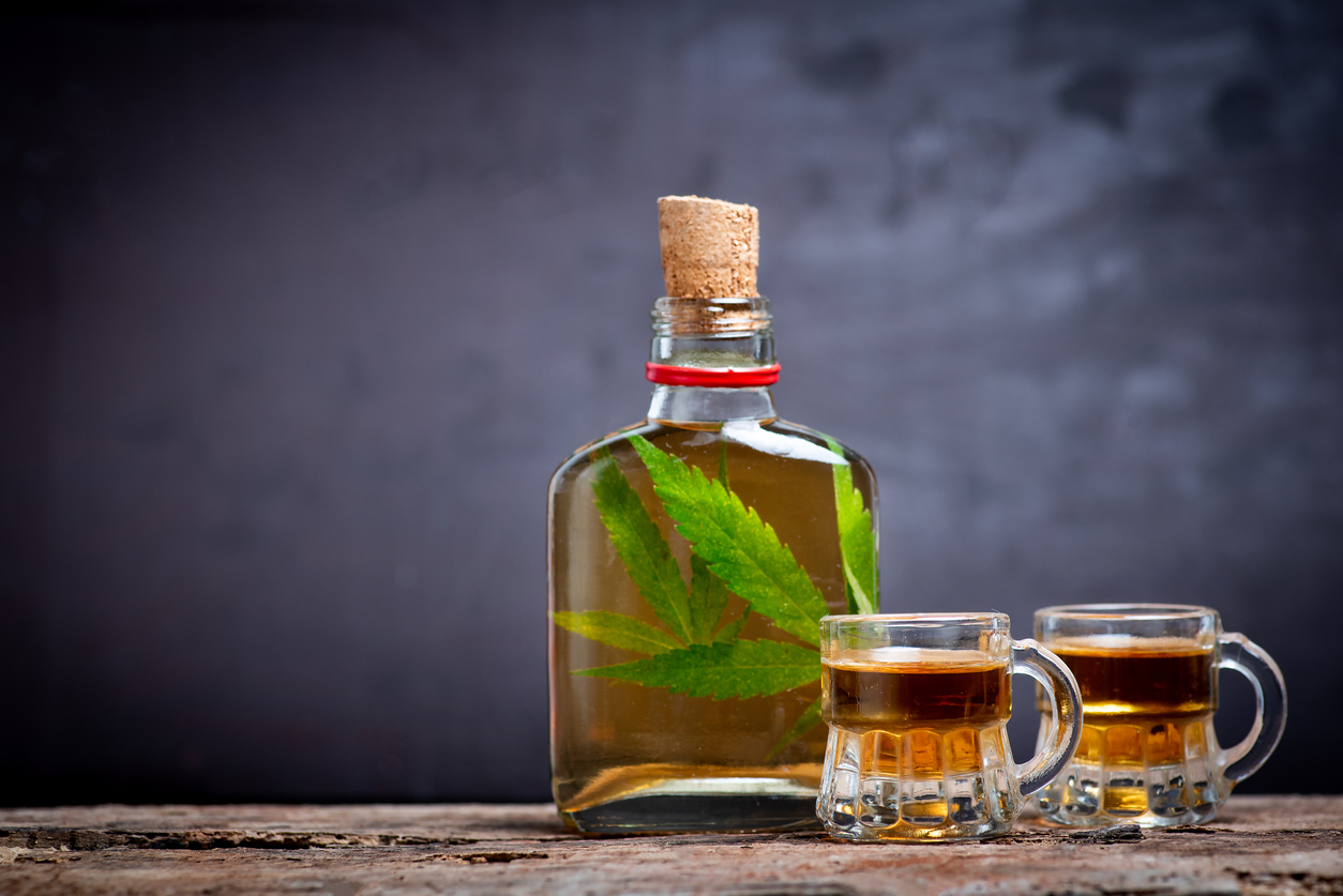 Alcoholic drink like whiskey brandy or schnapps infused with marijuana