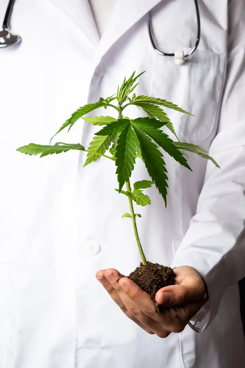 A scientist or medical professional holding a marijuana branch
