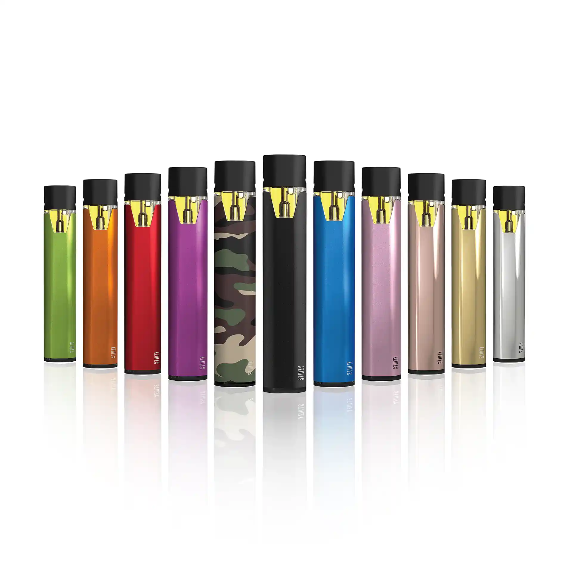 Row of different stiiizy colored vapes sitting next to each other