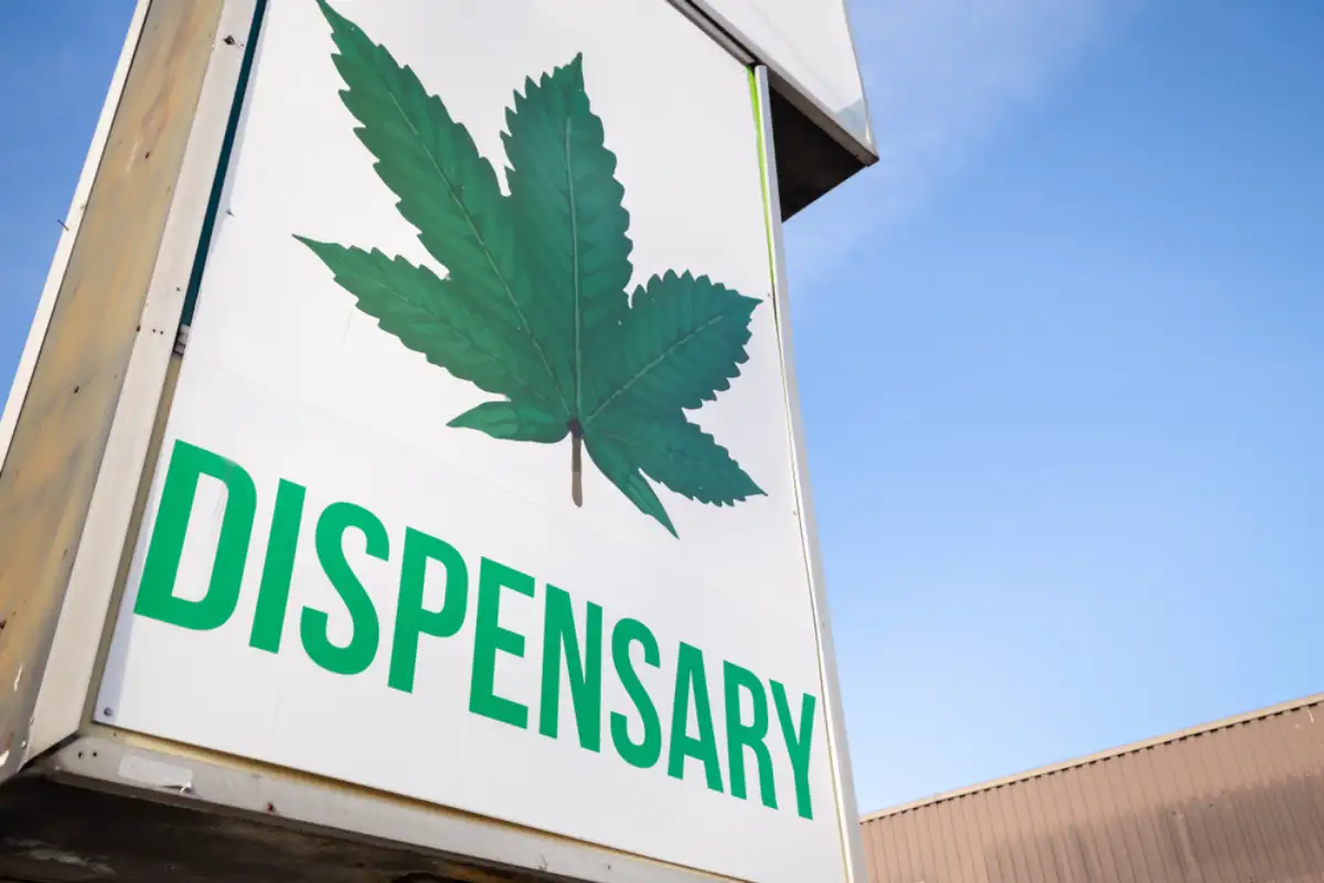 A cannabis dispensary sign with a large marijuana leaf on it