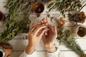 Dried rosebuds in women's palms bunches of dried medicinal herbs
