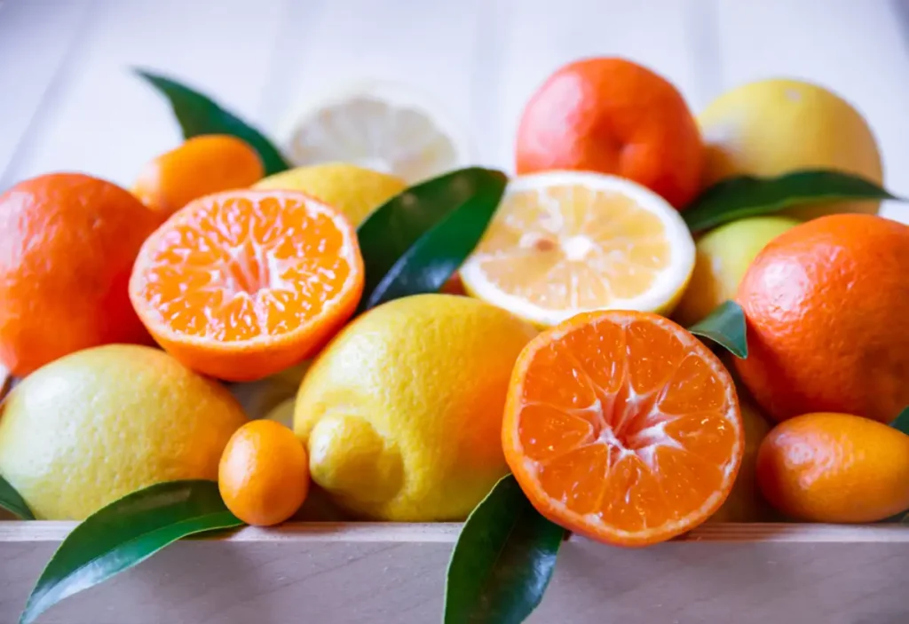 Fresh citrus fruits with leaves