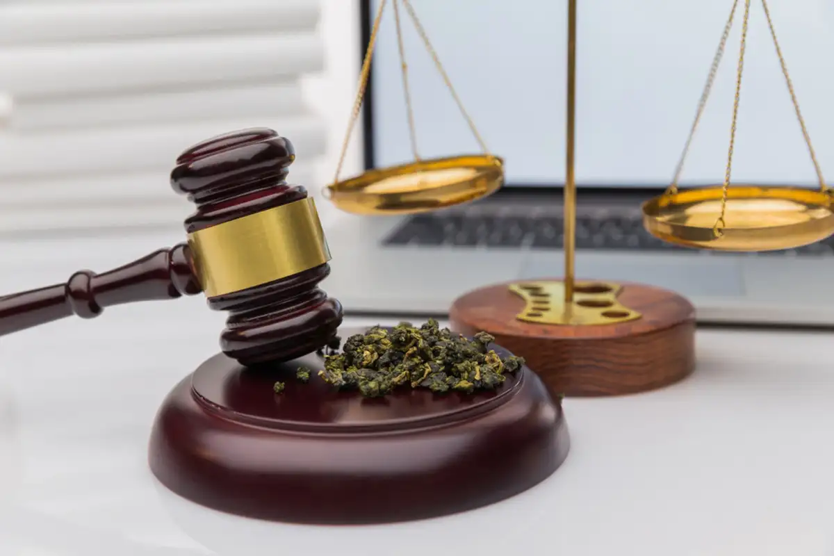 Wooden judges gavel on a desk next to a laptop