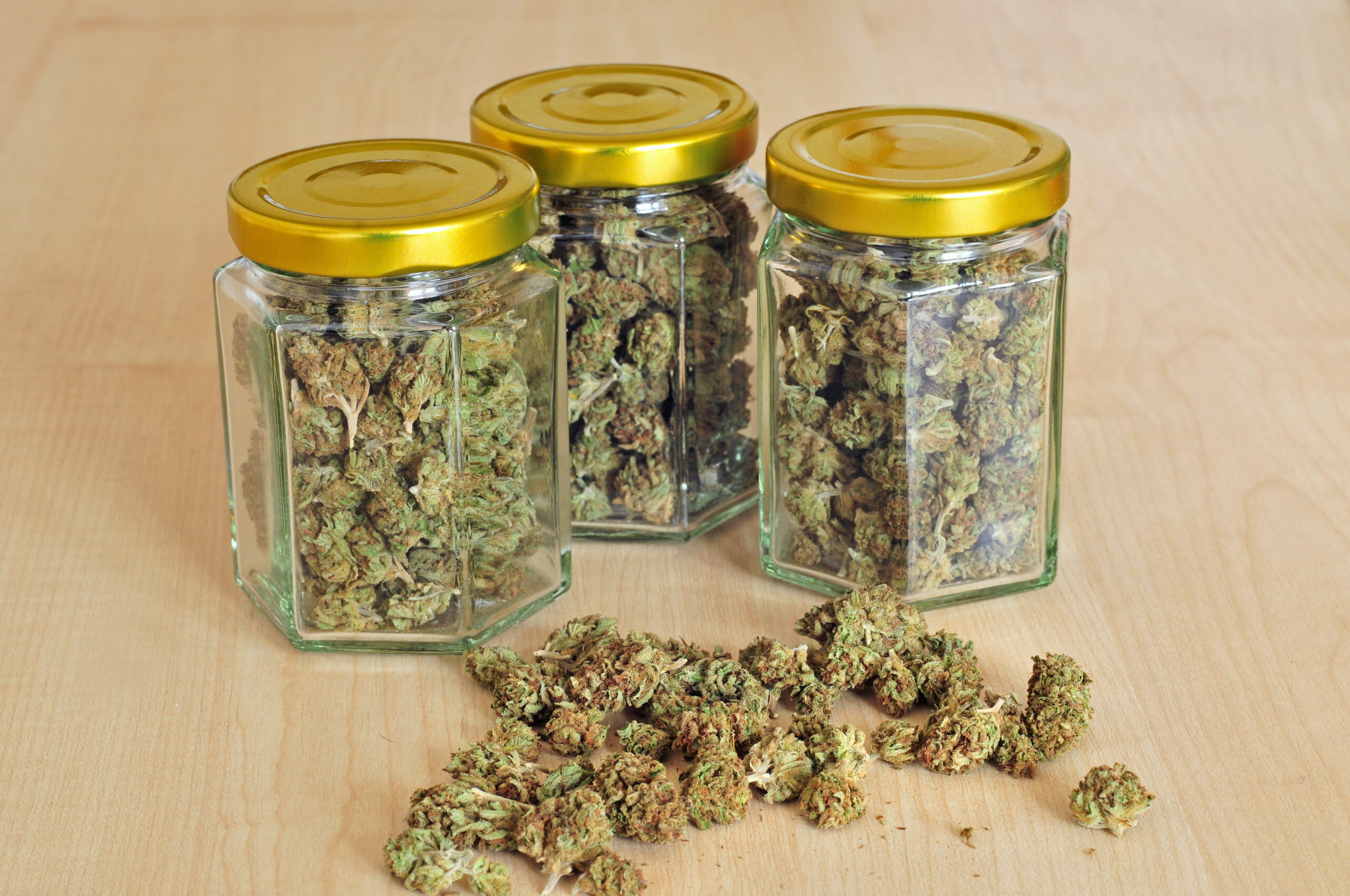 Dry Cannabis Buds Stored In Glass Jars