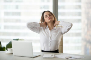 Young,Businesswoman,Touching,Massaging,Stiff,Neck,After,Sedentary,Computer,Work