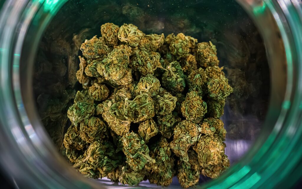 marijuana-hemp-flower-buds-in-glass-jar-medical